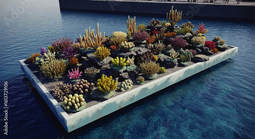 A vibrant, colorful artificial coral reef floats on the ocean surface.