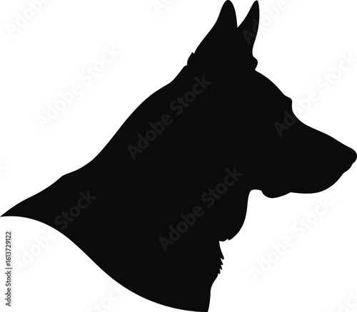 German Shepherd silhouette, dog profile head, black dog shape, pet outline side view, canine head design, animal figure, vector illustration