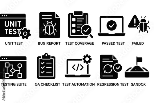 Set of black and white icons for software testing concepts in minimalist style