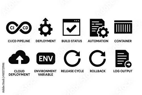 Set of black icons for software development and DevOps processes