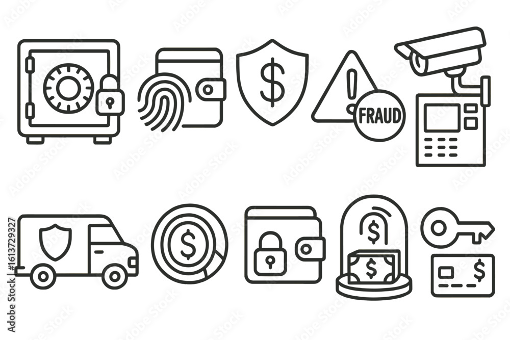Fototapeta premium Set of black and white line icons for financial security and fraud prevention