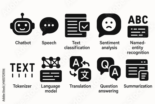 Set of black and white icons for natural language processing and AI technologies