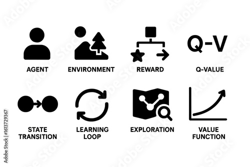 Set of eight monochrome icons illustrating key concepts in reinforcement learning