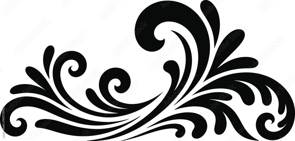 Fototapeta premium Elegant black swirls and flourish curved scroll ornate decorative design element, Abstract Tribal Style Motifs ornament isolated on transparent background