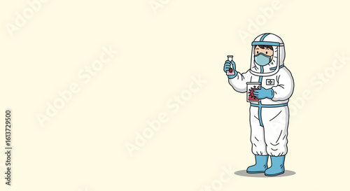 Pandemic Scientist in Safety Suit with Virus Flask – Clean Medical Cartoon

