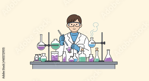 Cartoon Scientist with Gloves Mixing Chemicals – Laboratory Vector Illustration


