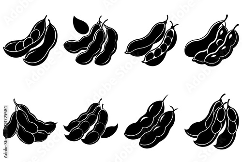 Illustration of eight clusters of soybean pods in varying stages of maturity in black and white style