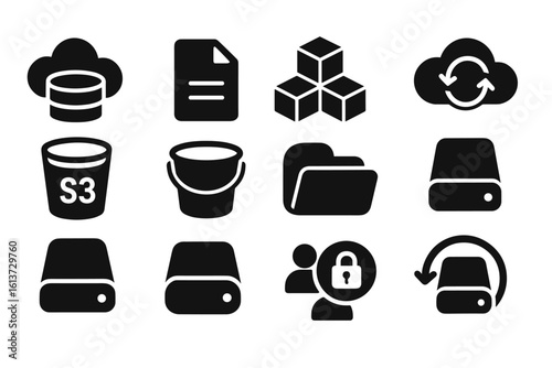 Set of black storage and security icons in line style