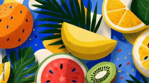 Colorful Summer Fruit Illustration with Tropical Leaves