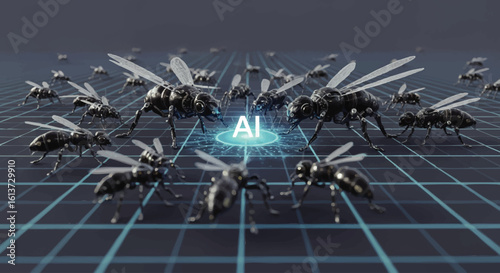 A futuristic illustration of numerous robotic insects surrounding a central AI symbol.