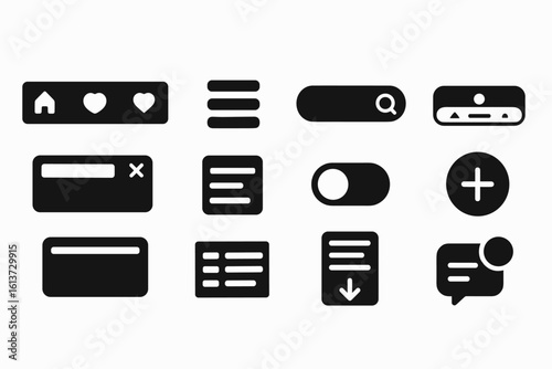 Set of 12 monochromatic UI icons in black and white style