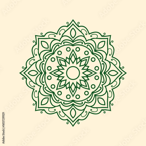 Emerald Green Floral Mandala on Cream Background, Geometric Design
