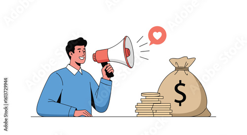Man with megaphone announcing financial success and earning money through promotion and marketing efforts