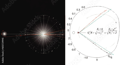 Scientific illustration of particle trajectories and mathematical formulas.