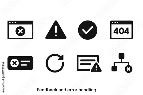 Set of black outline icons illustrating Feedback and error handling for user interface design