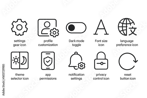 Set of simple line-style icons for digital application settings and preferences