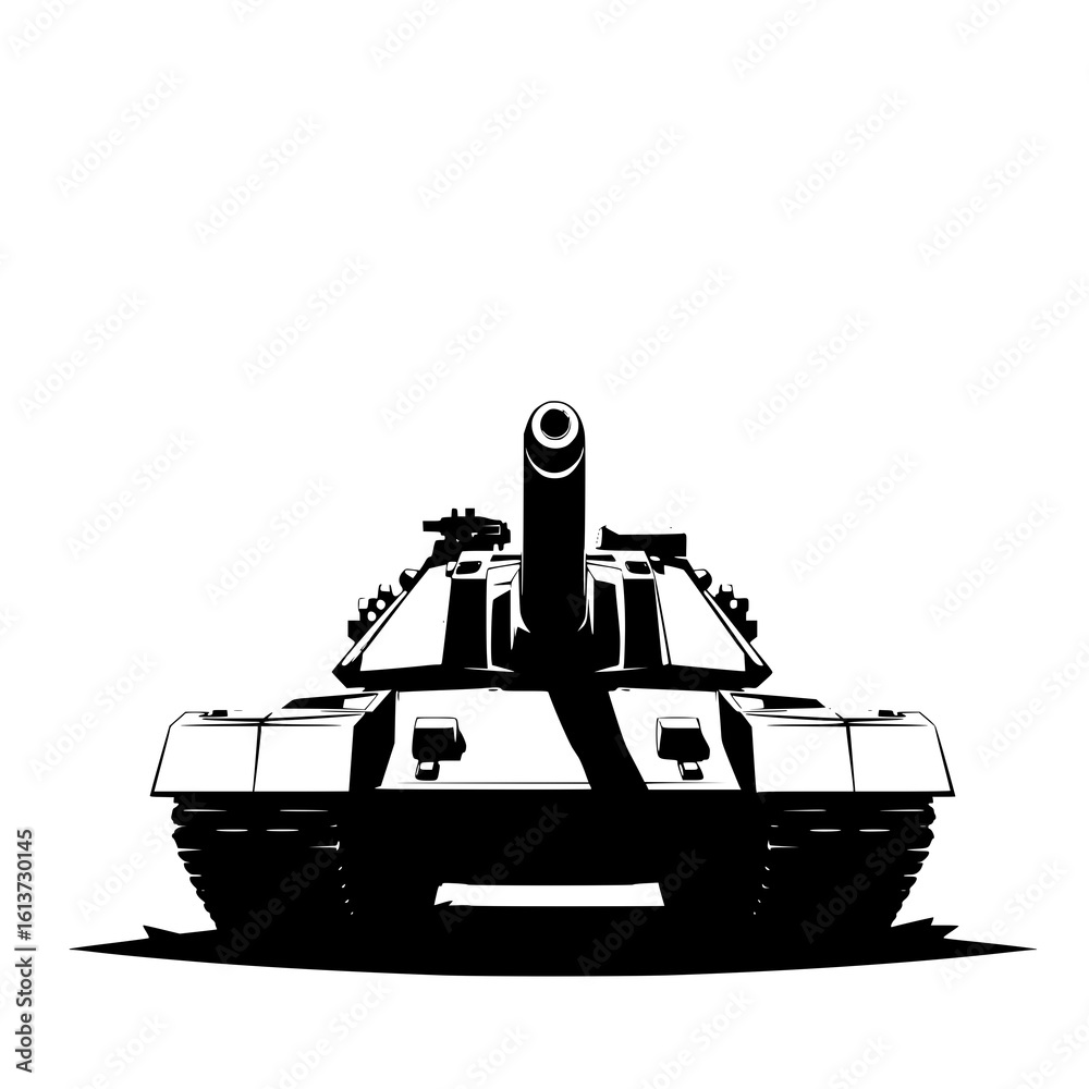 Fototapeta premium Powerful Black & White Silhouette of a Military Tank: Front View, Strength, Military Power, War Concept, Graphic Design Element