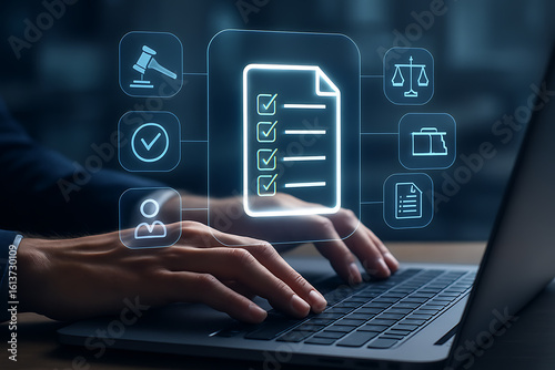 Compliance and legal document management with checklist icon, hands typing on laptop, law and regulation concept