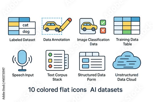 Set of colored flat icons representing AI datasets