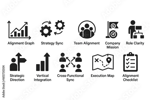 Set of black and white icons for business and project management concepts