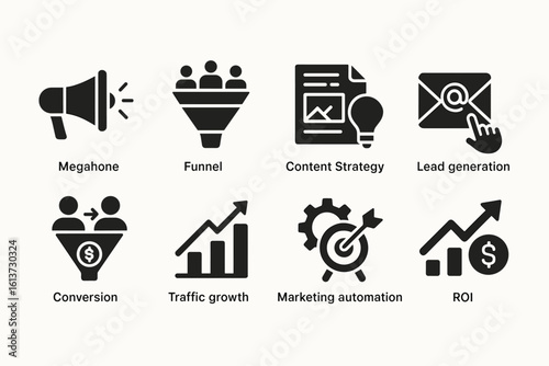 Set of black and white marketing icons in line style for business processes
