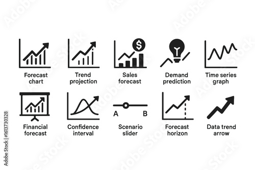 Set of black and white line style icons for forecasting and data analysis