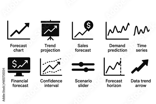 Set of 10 black and white outlined financial forecasting icons