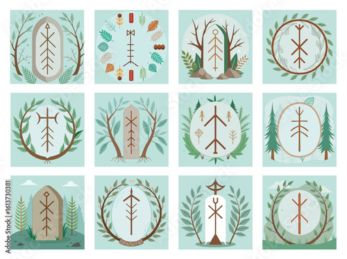 Artistic representation of runes culture and heritage, vector illustration collectiom, on soft removable background