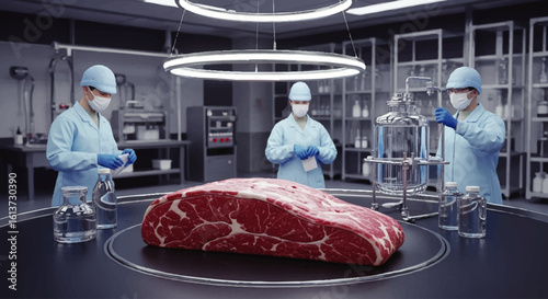 Scientists in lab coats examine a large, raw steak in a futuristic laboratory setting.