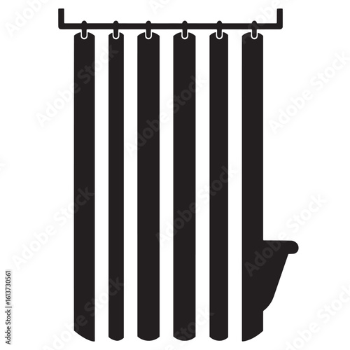 Black and white illustration of a shower curtain and bathtub inside a bathroom