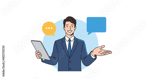 Professional business communicator discussing ideas and offering support with a digital tablet and speech bubbles representing conversation and feedback