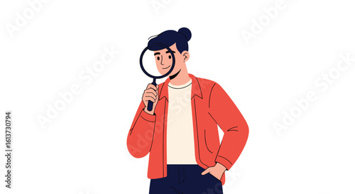 Person holding a magnifying glass to look closer at something in a close up view with white background