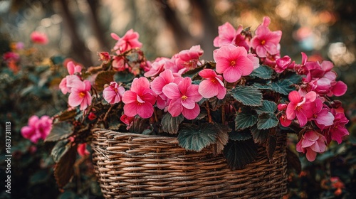 Wicker basket filled with blooming pink impatiens flowers, soft natural light, blurred garden background, romantic floral arrangement for spring decor and nature photography  
