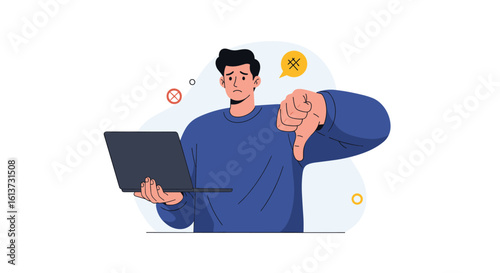Disappointed person with thumbs down showing failure and error messages on laptop screen displaying online service dissatisfaction and negative feedback concept