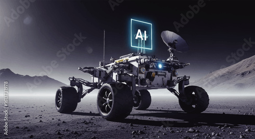A futuristic rover with an AI display explores a desolate, rocky landscape under a bright light source.