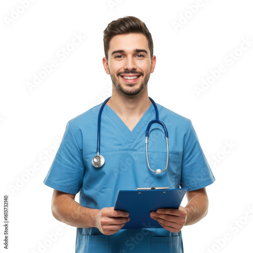 Smiling male medical professional wearing blue scrubs and stethoscope holding a clipboard isolated on transparent background