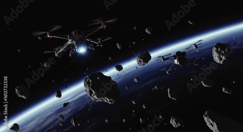 Drone spacecraft navigating a space filled with asteroids orbiting a planet.