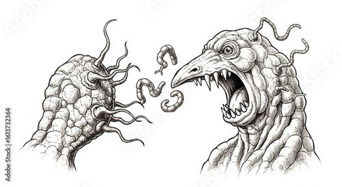 Two monstrous creatures, one aggressively snarling, the other reaching out with tendrils, engaged in a confrontation.