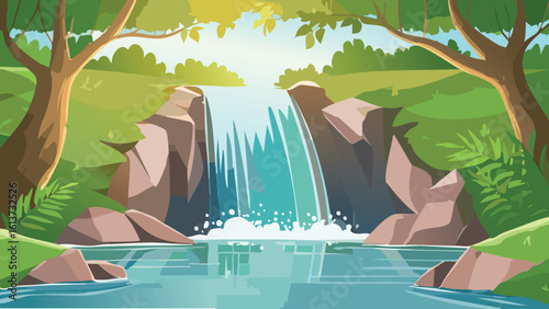 Secret waterfall concealed within dense jungle foliage pouring into a sparkling crystal pool, with sunlight dappling rocks, ideal for adventure stories or peaceful escapes.
