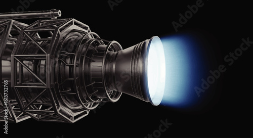 Powerful rocket engine igniting, showcasing intricate details and bright blue exhaust plume against a dark background.