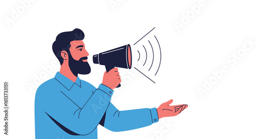 Announcing important news and spreading the word through a megaphone and open hand gesture for communication and public speaking