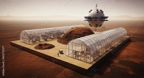 Futuristic Martian colony featuring greenhouses, a spacecraft, and barren landscape.