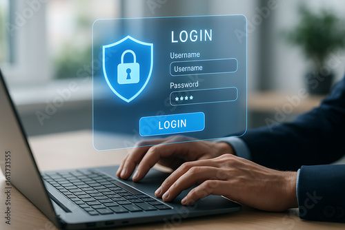Cybersecurity login interface with username and password fields and lock shield icon on screen for secure digital access and protection