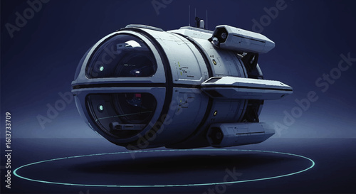 Futuristic spherical drone hovers over a glowing blue circle, showcasing a sleek, advanced design against a dark backdrop.