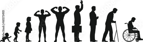 Human life stages silhouette, baby child teenager adult elderly man, aging process vector, evolution of man clipart, wheelchair and walking stick