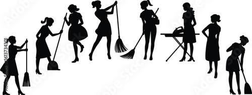 Housewife silhouette set, retro woman cleaning, mopping, ironing, vacuuming, sweeping, 1950s domestic worker vector, vintage female chores clipart