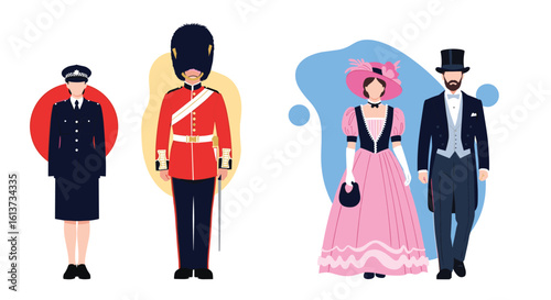 Illustrations depicting historical and modern british ceremonial attire including a police officer a royal guard and victorian era couple