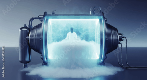 Cryogenic freezing chamber with a human figure undergoing the process, emitting cold vapor.