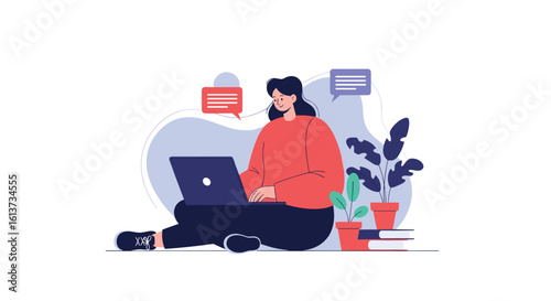 Young woman communicating online using a laptop with plants and chat bubbles in the background