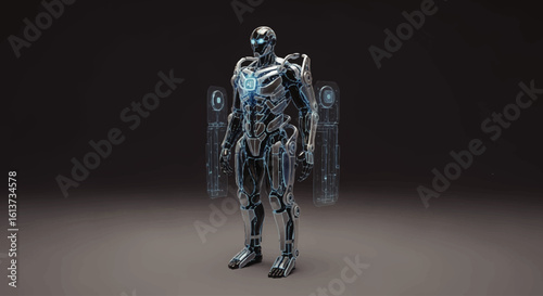 Futuristic humanoid robot, metallic, detailed design, glowing blue accents, standing pose, digital rendering.